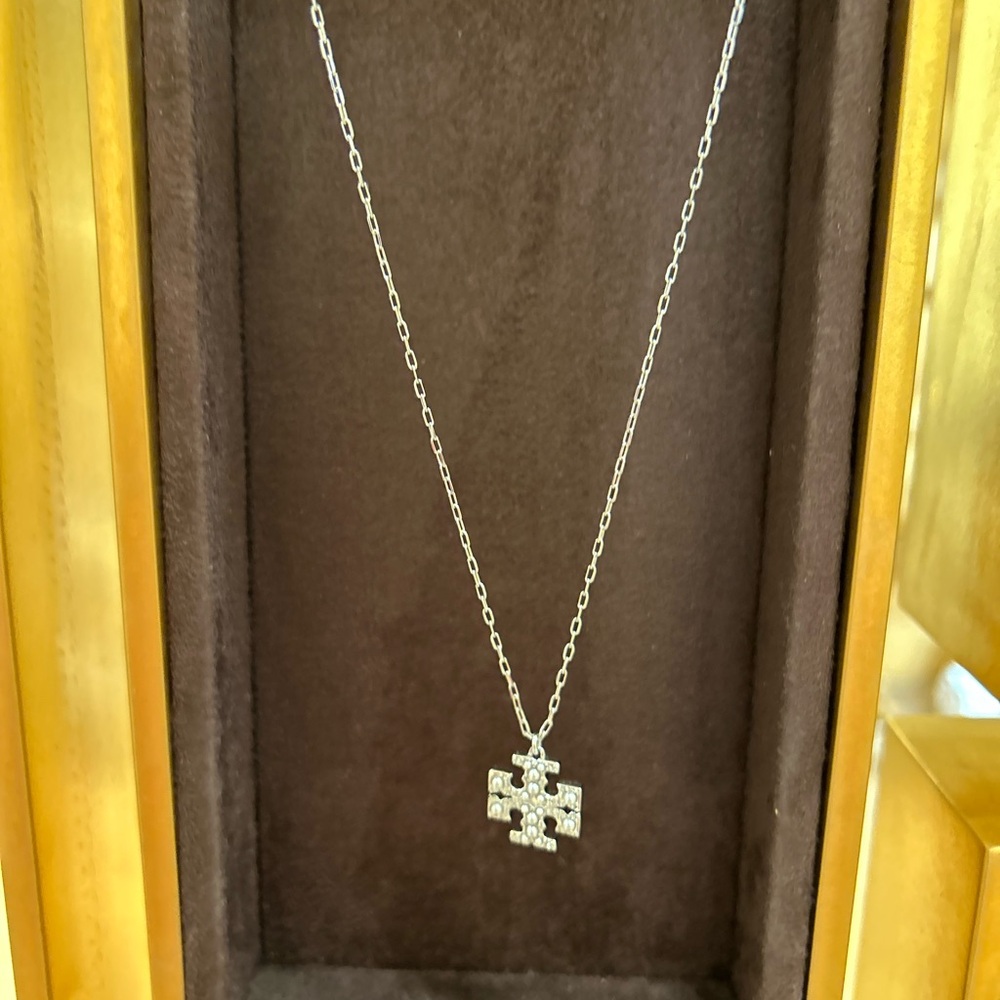 Tory Burch Moondance Silver Crystal Logo pearl large Pendant Necklace
